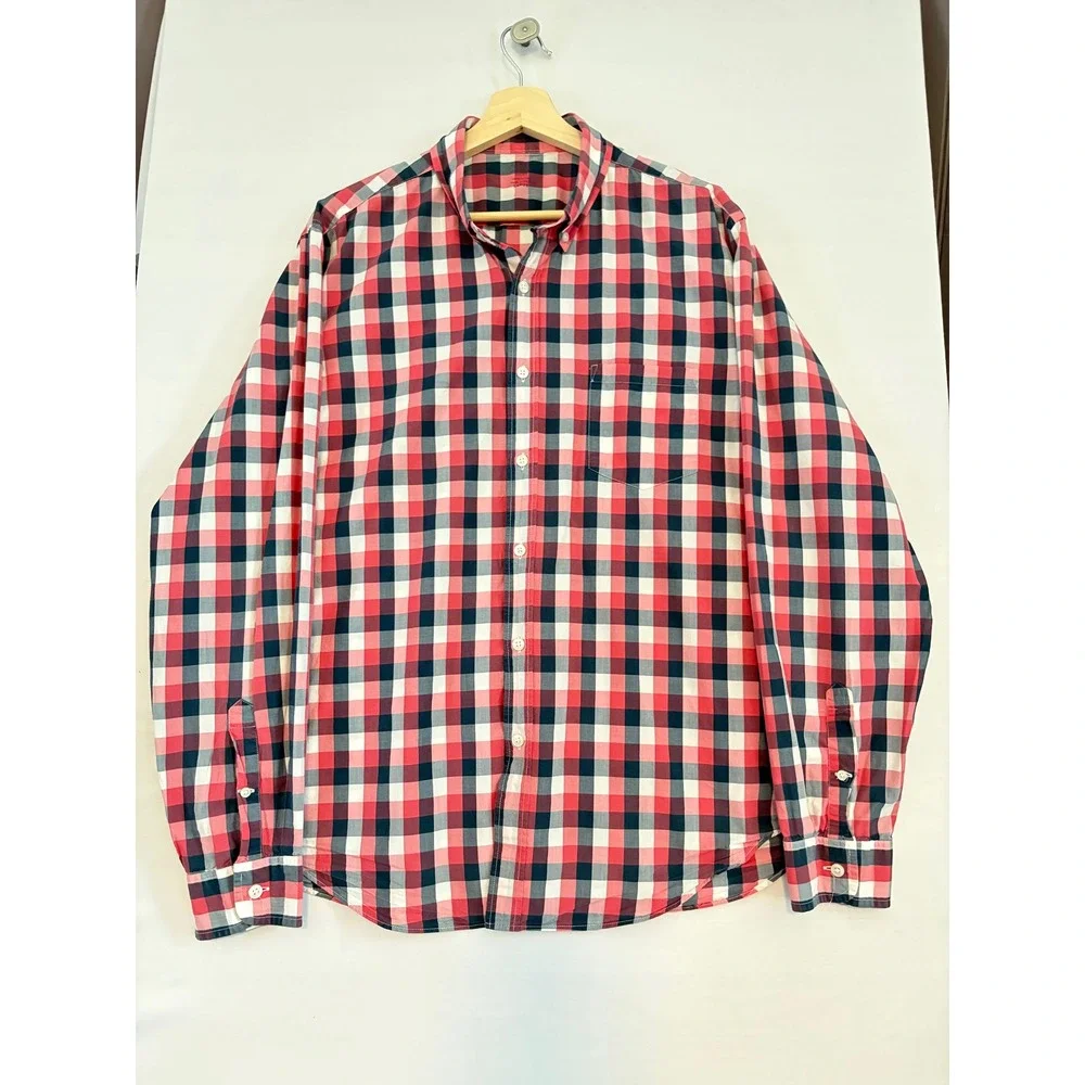 J.Crew Mens Lightweight Cotton Gingham Button Down Shirt Red Navy Large